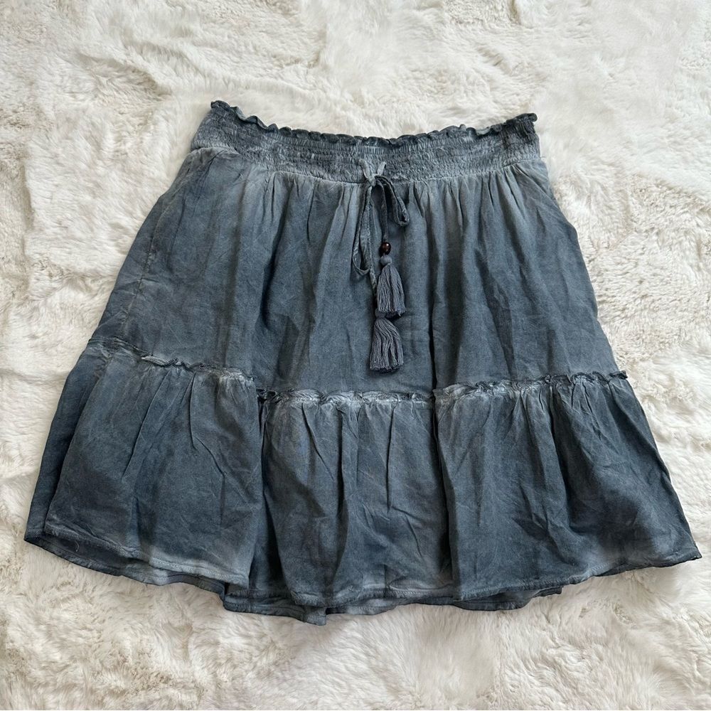 Womens Washed Gray Tiered Cotton Skirt with Tassel Tie